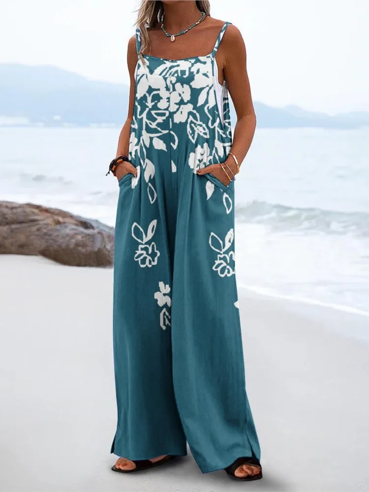 

Female's Jumpsuits 2024 Summer Beachwear Sleeveless Casual Loose Vintage Holiday Strapless Wide Legs Trousers Ladies Bodysuits