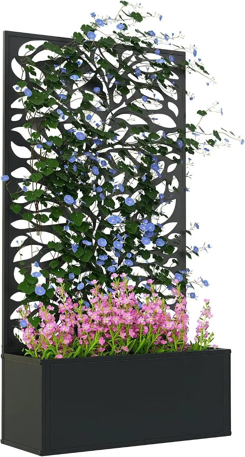Metal Raised Garden Bed with Trellis, Leaves Cut-Outs | Freestanding or Wall Mounted, Flower Bed with Privacy Panel, Outdoor Pla