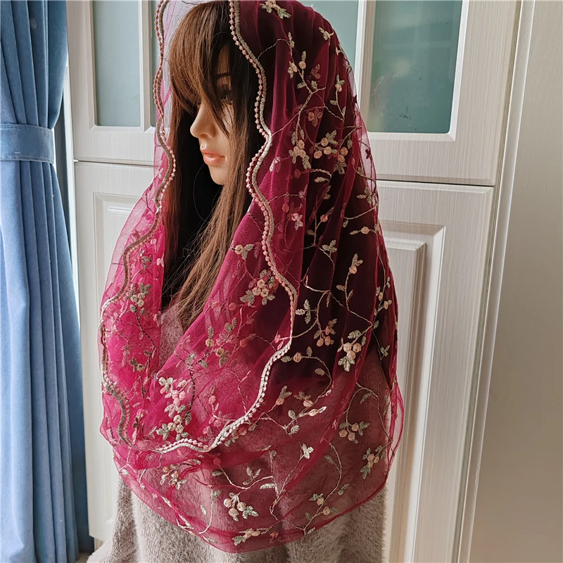 Wine Red Tulle Infinity Embroidered Floral Mantilla Church Head Covering Women Catholic Gift Latin Mass Vintage Chapel Burgundy