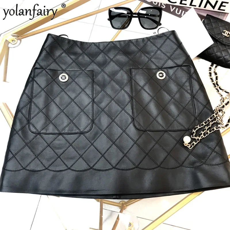 

2023 Autumn New Genuine Leather Skirt Women's Half Skirts Women Diamond Plaid Natural Sheepskin Black Skirt Female Clothing FCY