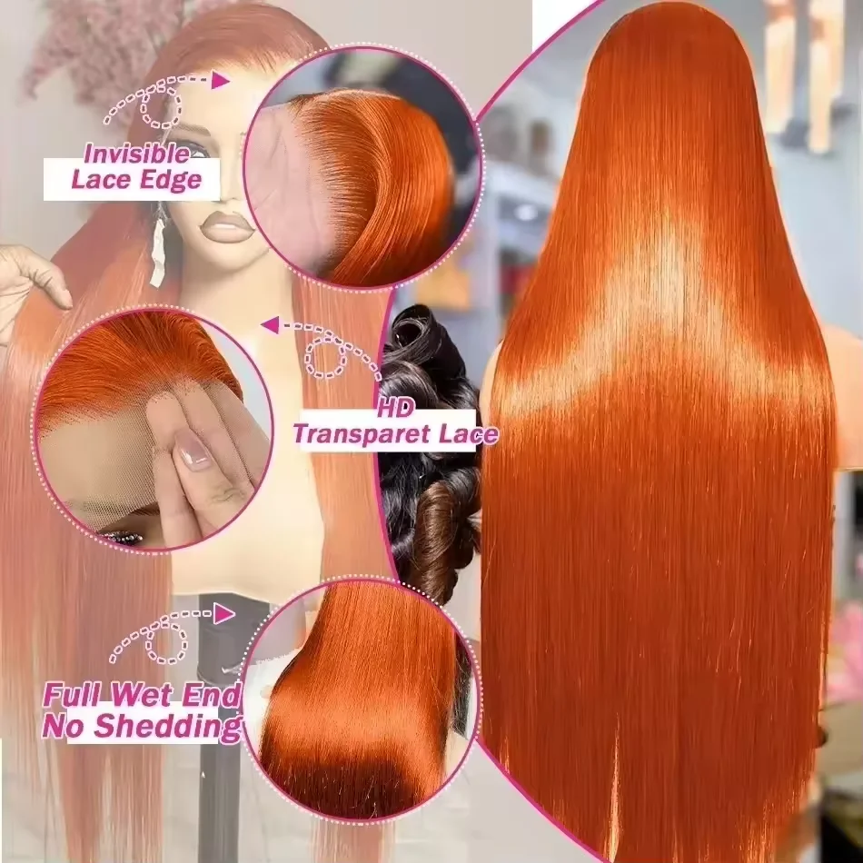 350 Ginger Orange Straight Human Hair Wigs 13X4 Hd Lace Frontal Wigs 250% Density Pre-plucked Brazilian Human Hair Wig For Women image 3