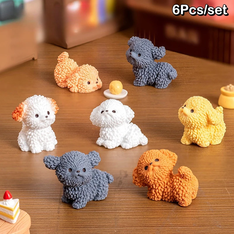 6Pcs Curly Puppy Ornament Cute Animal Dog Figurine Micro Landscape Home Desktop Decoration Car Interior