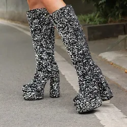 Blingbling Glitter Kneehigh Boots Women Silver High Heel Boots Black Sequin Lady Thick Platform Shoes 2025