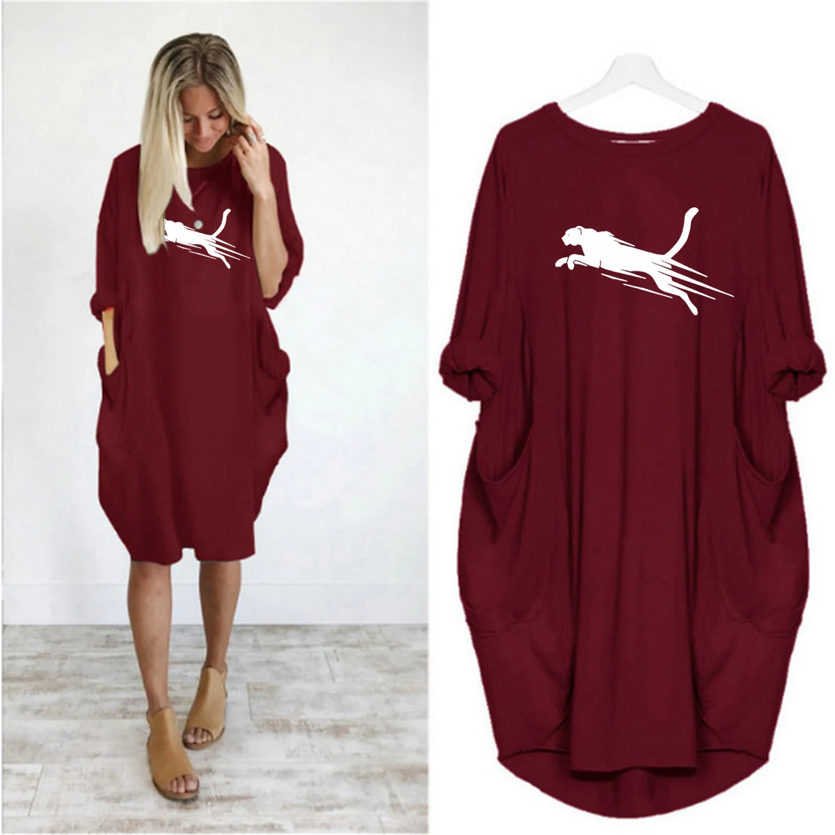 Women\'s Summer Loose Cheetah Print Round Neck Long Sleeve Pocket Comfortable Casual Plus Size Dress Fashion Streetwear Oversized