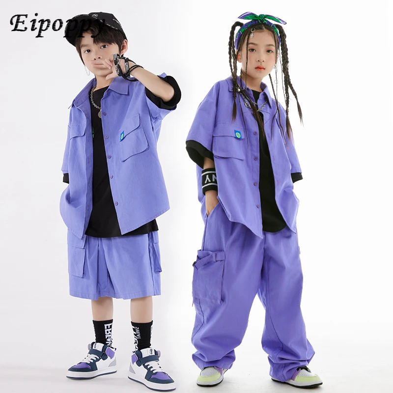 

Kids Purple Coat Pants Street Dance Clothing Boys Girls Jazz Show Stage