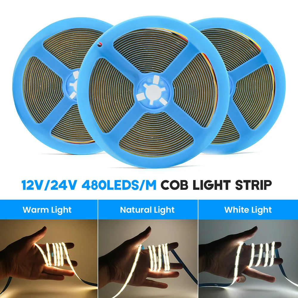 5m 10m 480LED/m COB LED Strip Light 12V 24V DC Flexible Adhesive Tape Lamp High Density Linear Lighting RA90 Home Decoration