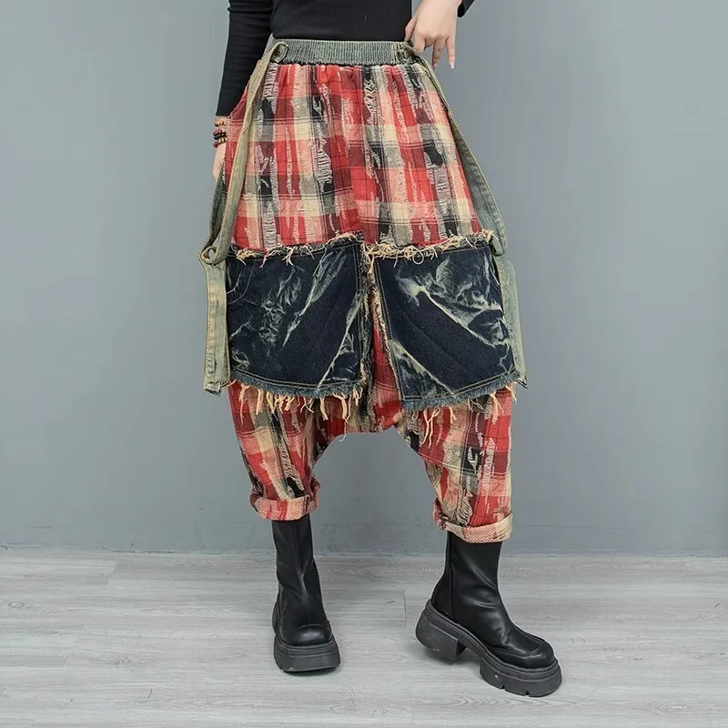 Big Crotch Pants Women Spring Autumn Red Blue Plaid Denim Jeans LX2690