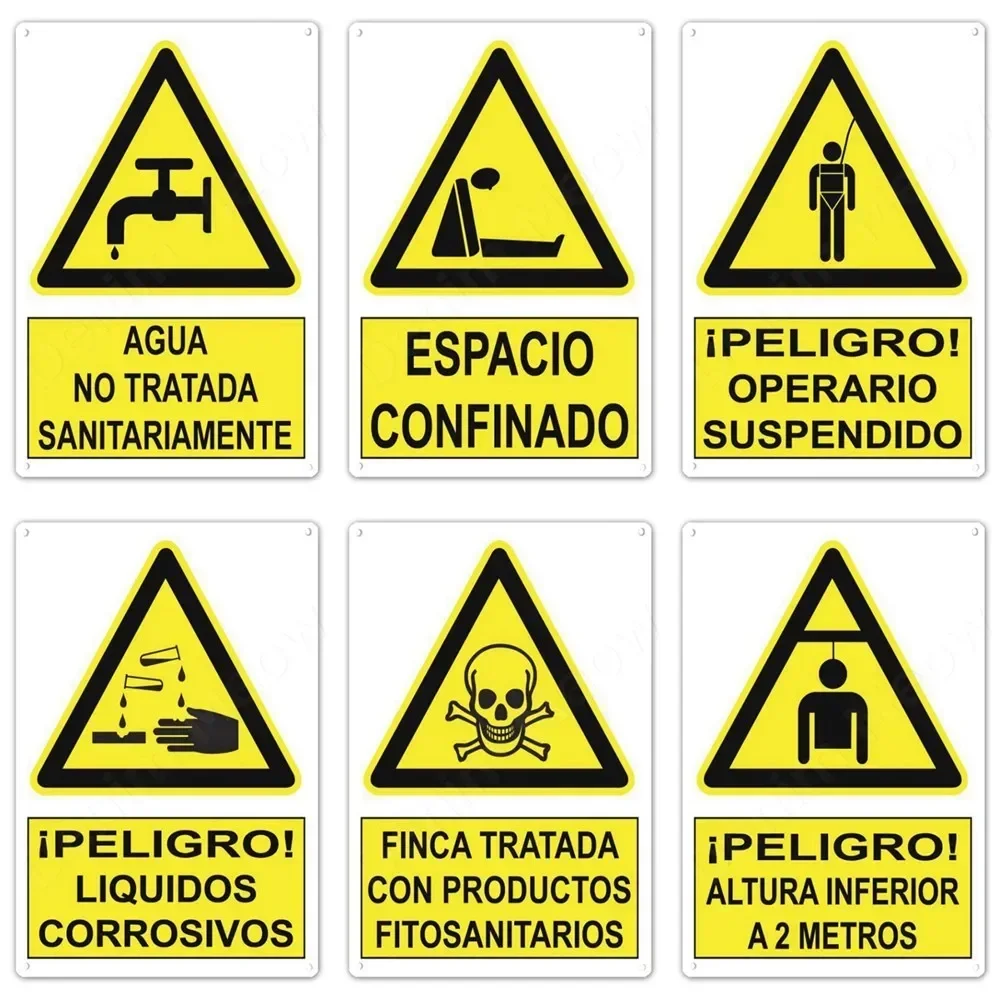 High Definition Tin Sign Spanish Safety Warning Retro Metal Wall Art, Peligro Danger Caution Plaque for Industrial Workplace Dec