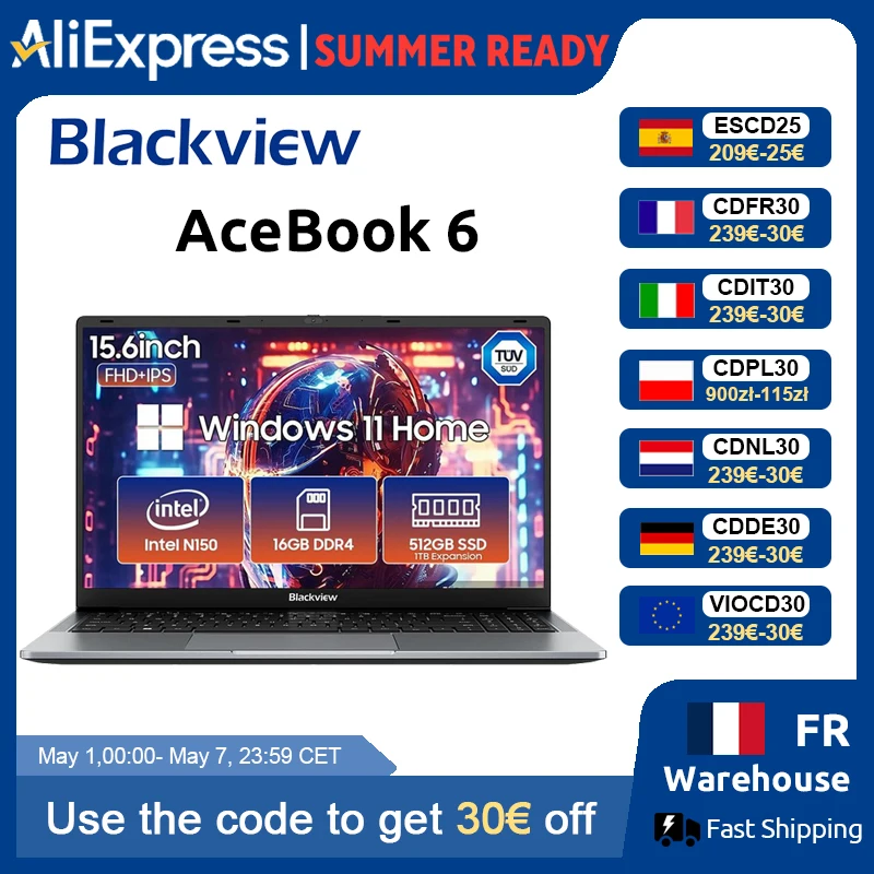 Ordinateur portable Blackview AceBook 6 15,6 pouces FHD IPS Intel Twin Lake N150 16 Go de RAM 512 Go SSD + extension jusqu'à 1 To Windows 11 Home