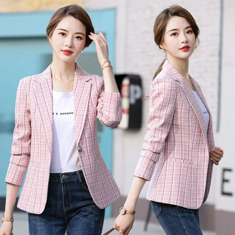 

2024 New Spring Autumn Women Korean Blazers Casual Elegant Plaid Slim Short Single Button Long Sleeve Lady Suit Jacket Female