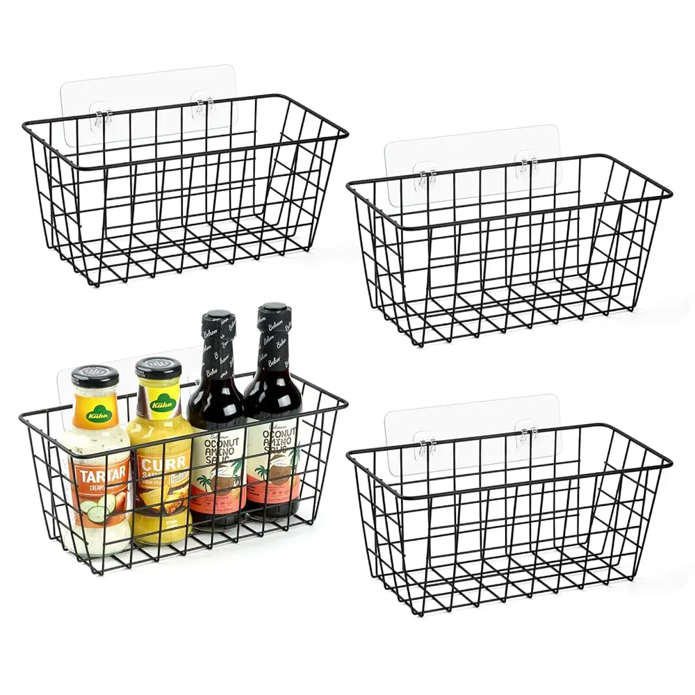 

2 Pa Hanging Kitchen Baskets, Adhesive Wire Wall Storage Basket, No Drilling Hanging Fruit Baskets, Cabinet Door Organizer For