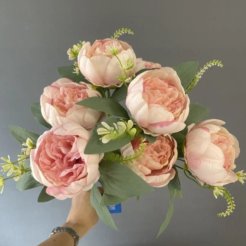 3/4 Stück Hochzeits-Pfingstrosen in Rosa, herzförmig verpackt, künstliche Blumen, 7 Blütenköpfe, Pfingstrosenstrauß, Seidenblumen, Heimdekoration – Detail 15