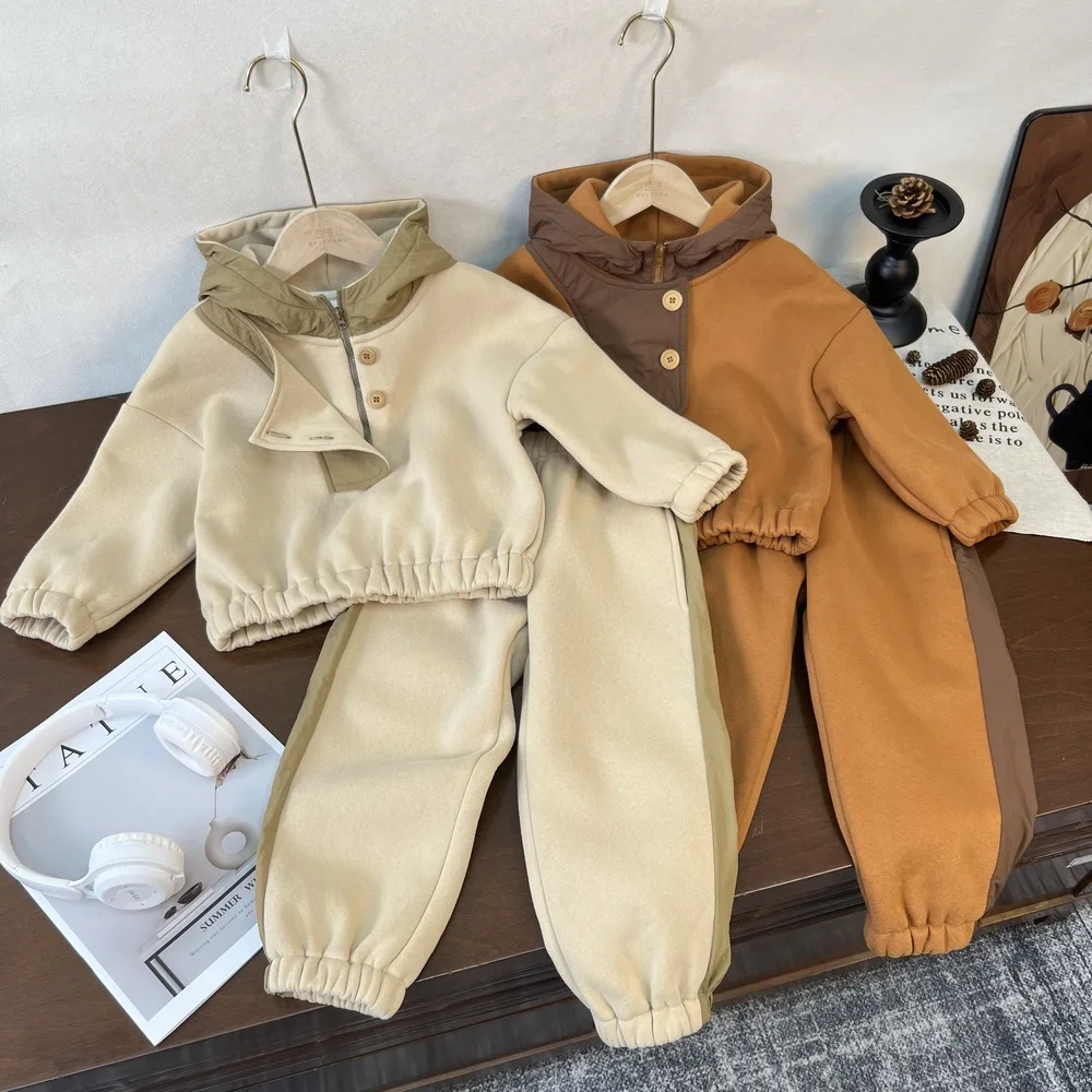 

Осенне-зимние комплекты детской одежды контрастного цвета, бархатный пуловер с капюшоном, топы + штаны, 2 предмета для детей, костюмы-свитшоты для девочек и мальчиков