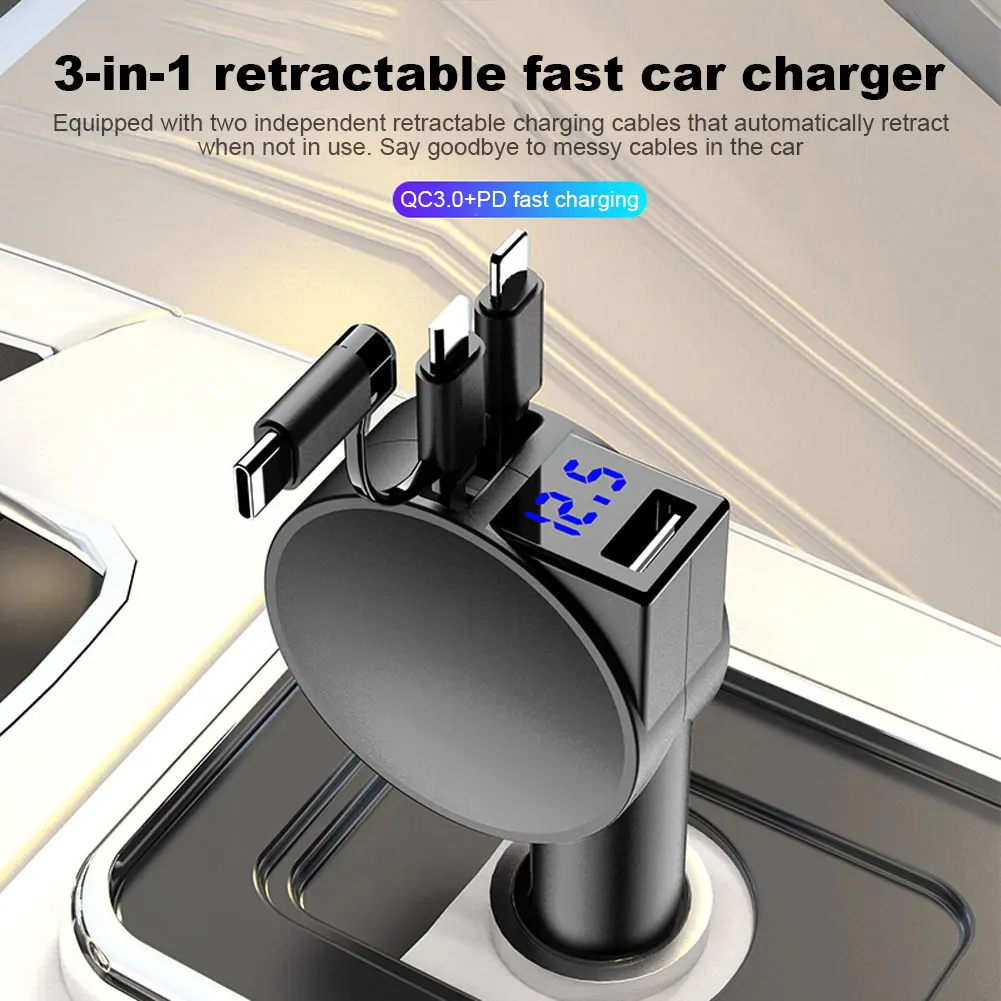 Chargeur rapide rétractable pour téléphone de voiture 3 en 1 avec voltmètre LED, chargeur intelligent pour iPhone, Android, téléphone de type C, 60W