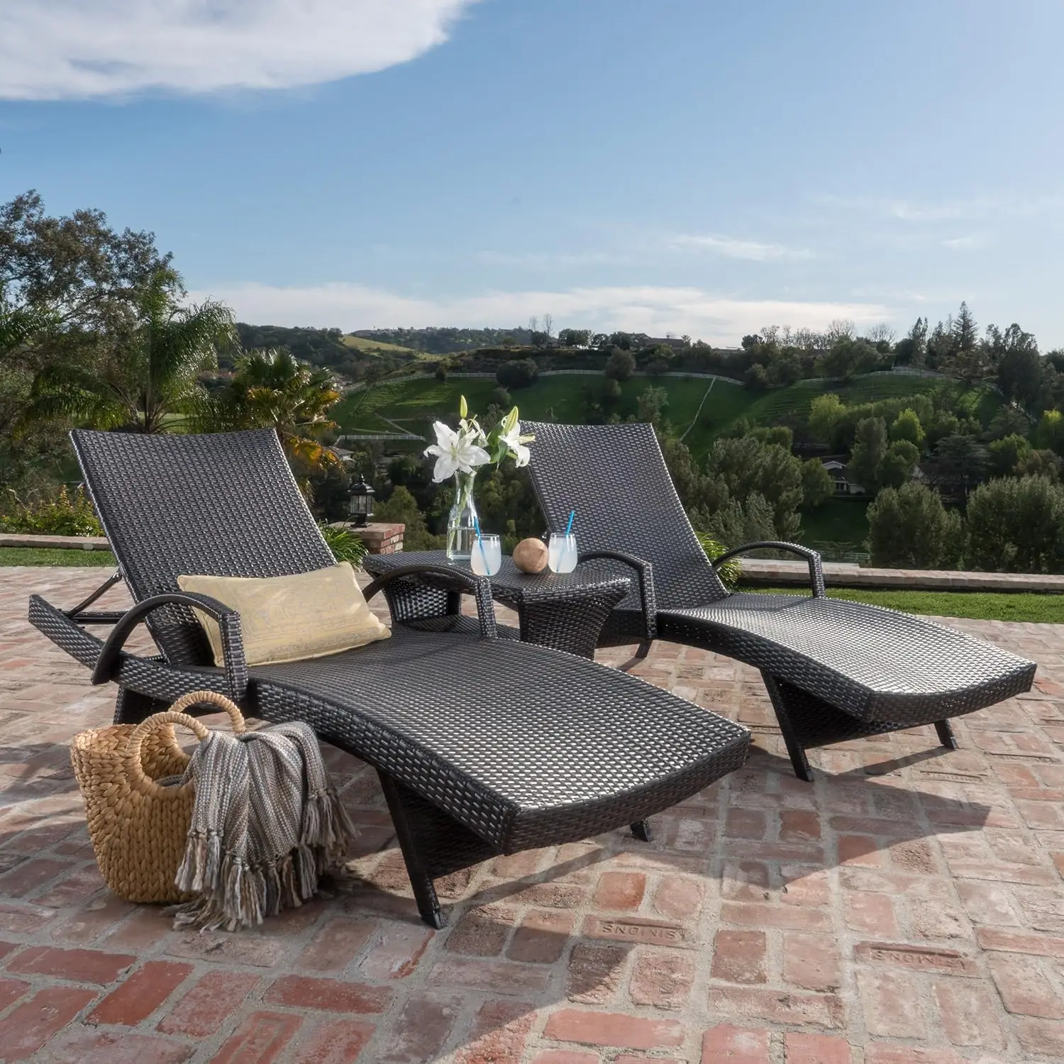 

Multibrown Wicker Chaise Lounge Set Outdoor Patio Adjustable Reclining Chairs with Cushions Customized