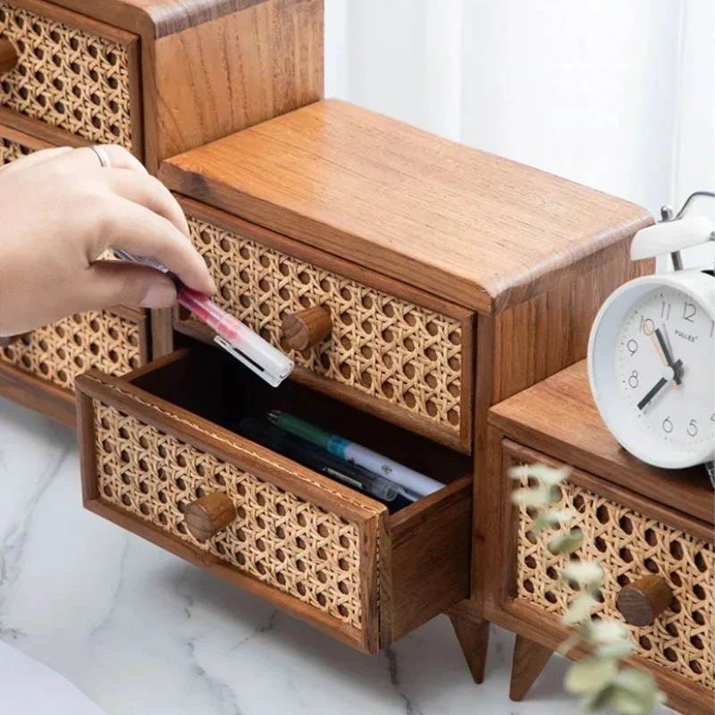 

Nordic Vintage Storage Cabinet Solid Wood Makeup Organizer Multilayered Drawers Cosmetics Boxs Vine Weaving Design Home Supplies