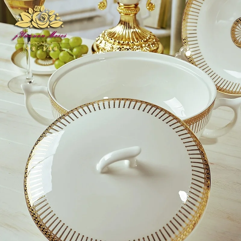 Bone China Dinnerware Set Dish Bowl Combination 60pcs Ceramic High-grade Dinnerware Set European Gold Bowl Plate