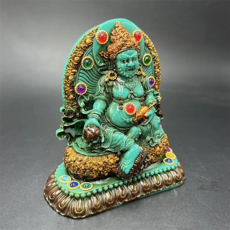 

Vintage Yellow Jambhala Statue Turquoise-Like Beaded Inlaid Painted Rare Collectible Home Worship Decor