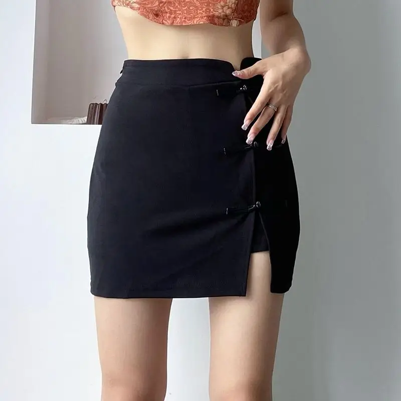 

Skirt Rules Cheongsam Buckle Side Slit High Waist Women'S Non-Skinny Black Versatile Casual A-Line Short Skirt Summer