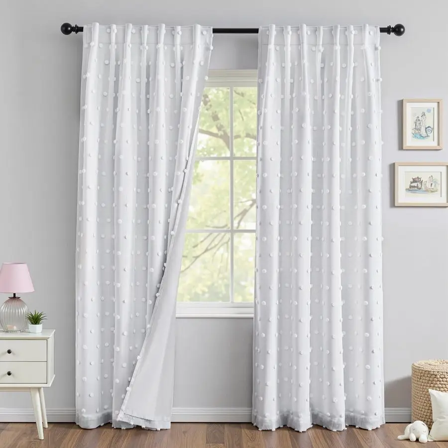 

White Blackout Curtains for Bedroom 84 Inches Long 100 Light Blocking Drapes for Girls Kids Room Pom Pom Sheer Thermal Insulated