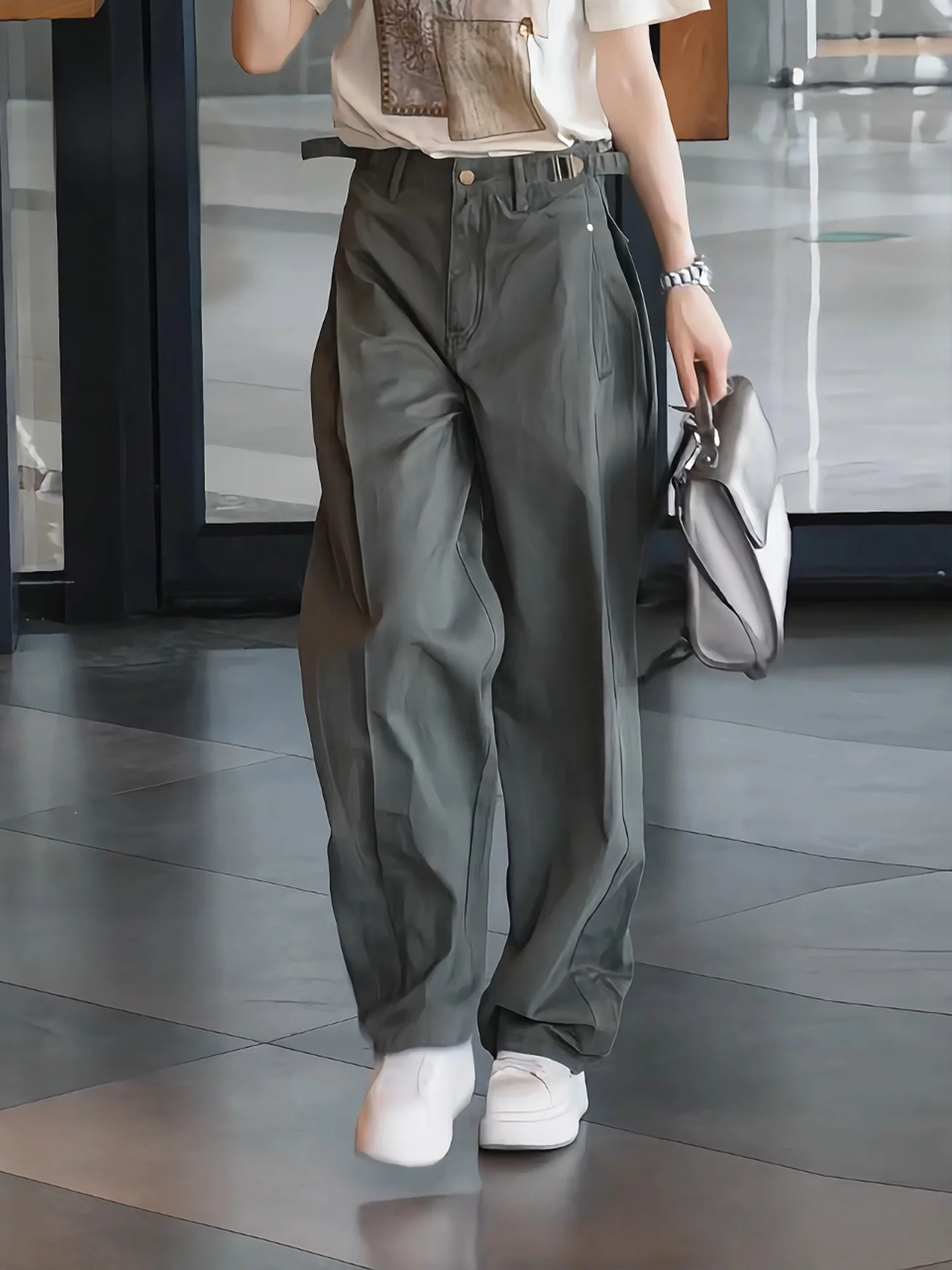 

GUKKS Retro Work Pants Straight Leg Casual Loose Women's Jeans High Waist Zipper Closure Four Seasons Wear Resistant