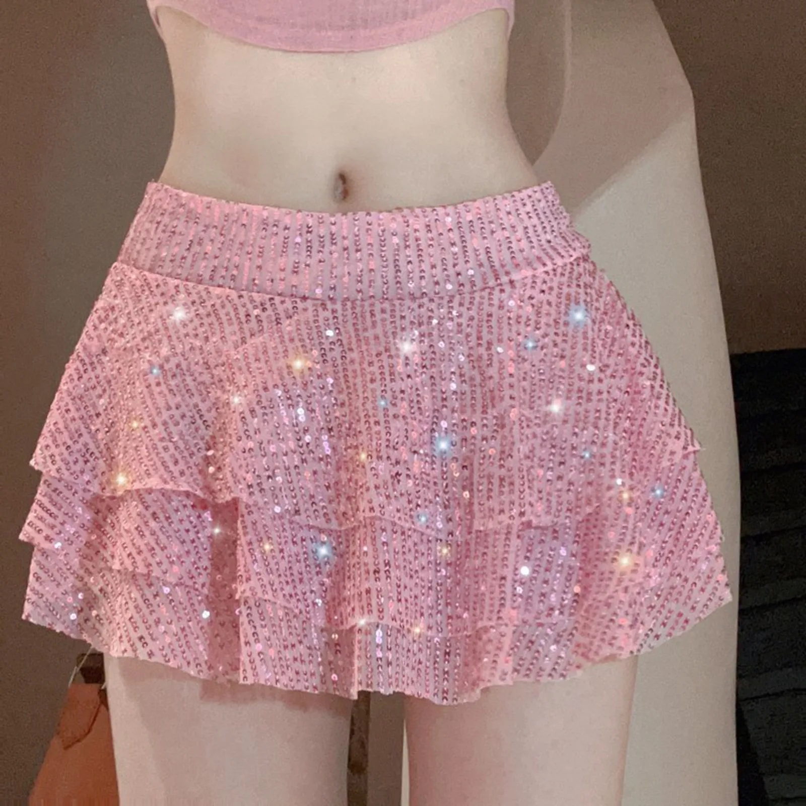 2024 Spring Summer Women Pink Sequin Multi Layered Ruffle Edge Ultra Short Skirt Sexy Spicy Girl Mid Rise Mini Skirts Clubwear