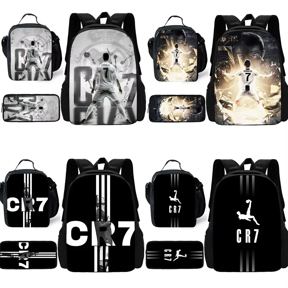 3 pcs set Football CR7 Star Child School Backpack with Lunch Bags Pencil Bags School Bags for R-Ronaldos Boys Girls Best Gift