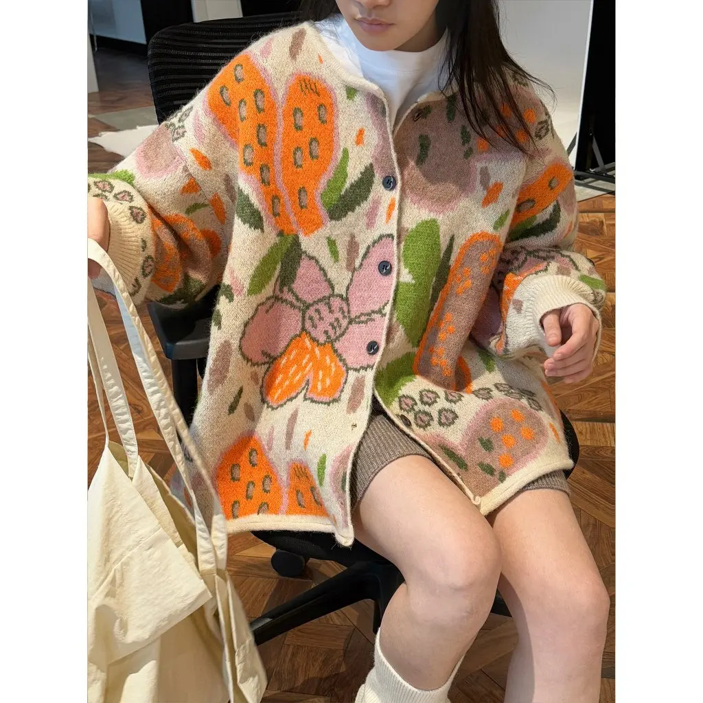 

Louvu Women's Japanese Style Fashionable Orange Jacquard Wool Knitted Cardigan Early Spring Soft Waxy Skin-friendly Top