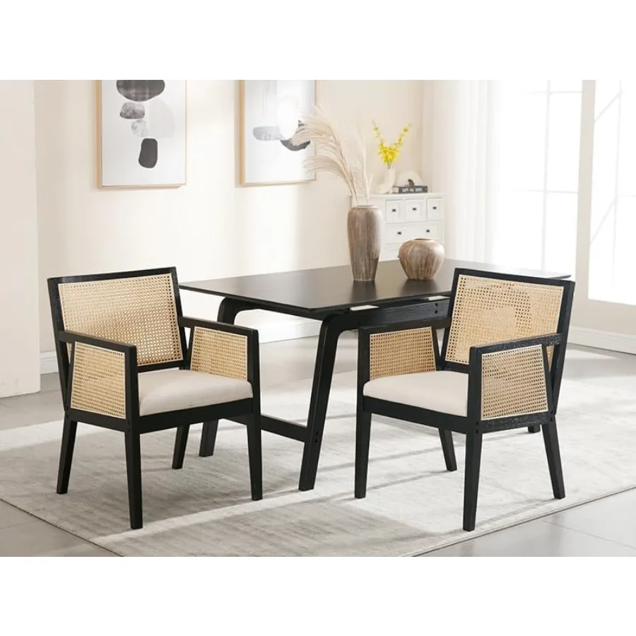 HNY Farmhoe Rattan Dining Chairs Set of 2 Mid Century Modern Upholstered Dining Chairs Wooden Linen Kitchen Dining Room Armchai