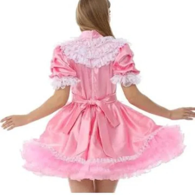 Sexy Girl Pink Thin Satin Girly Dress Short Sleeved White Lace Trimmed Organza Lining Maid Role-playing Adult Baby Customization