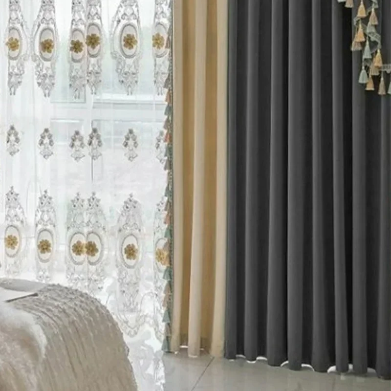 

American Retro Velvet Curtains for Living Room Bedroom Warm Windproof Color-blocked Luxury Blackout Simple High-end