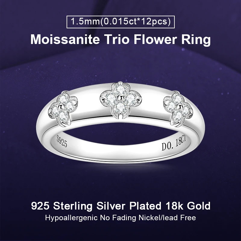 

IOGOU Certified Moissanite Trio Flower Ring Sterling Silver 925 with Gold Plated Fine Jewelry Gifts for Women Engagement Gift