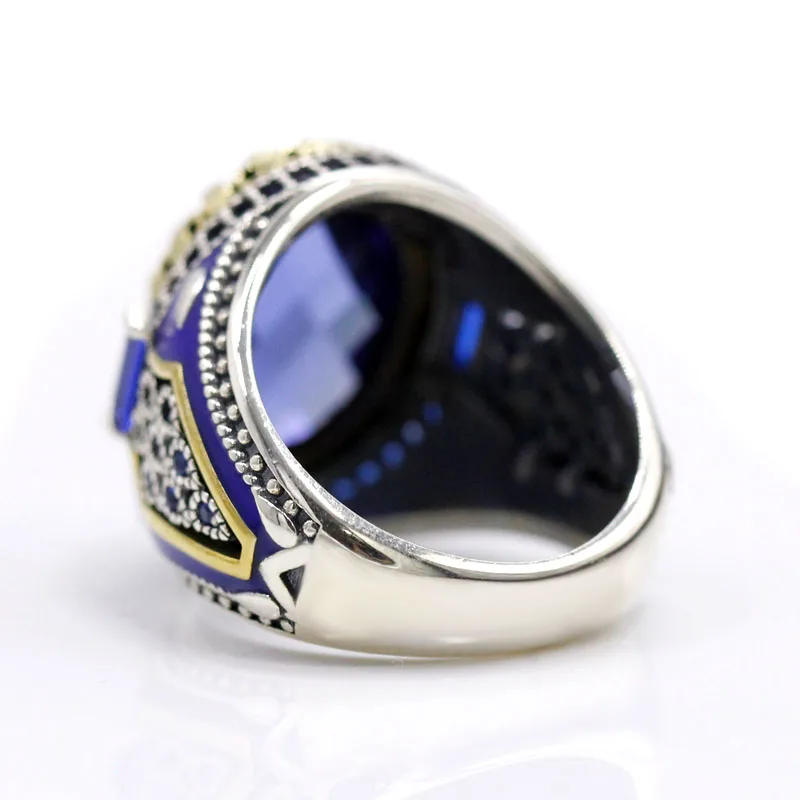 التركية الأزرق كريستال زجاج حجر خاتم ، 925 فضة ، Vintage الملك تاج ، تشيكوسلوفاكيا المينا ، الرجال المجوهرات ، المرأة هدية ، مجوهرات Tibetan #2