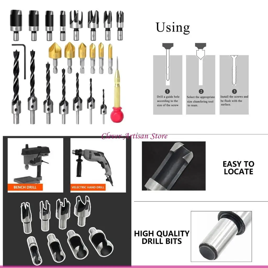 

E06B 23 шт. Набор инструментов для сверления фасок по дереву, трехконечное сверло с зенковкой