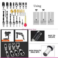 E06B 23Pcs Woodworking Chamfer Drilling Tool Set Includes Plug Cutter Countersink Drill Bits Wrench Center