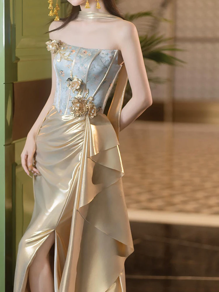 Boda dorada de alta gama Dr nuevo vestido chino de la mañana Sle para mujer novia sin tirantes de lujo pequeño ence compromiso banquete Eve...