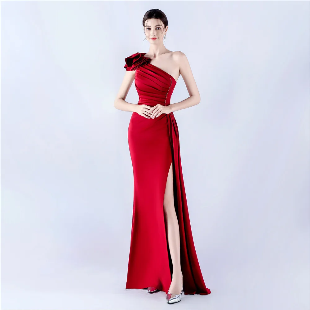 Sladuo Women's Summer One Shoulder Long Formal Dresses Sleeveless Ruched Bodycon Evening Party Wedding Guest Slit Maxi Dress