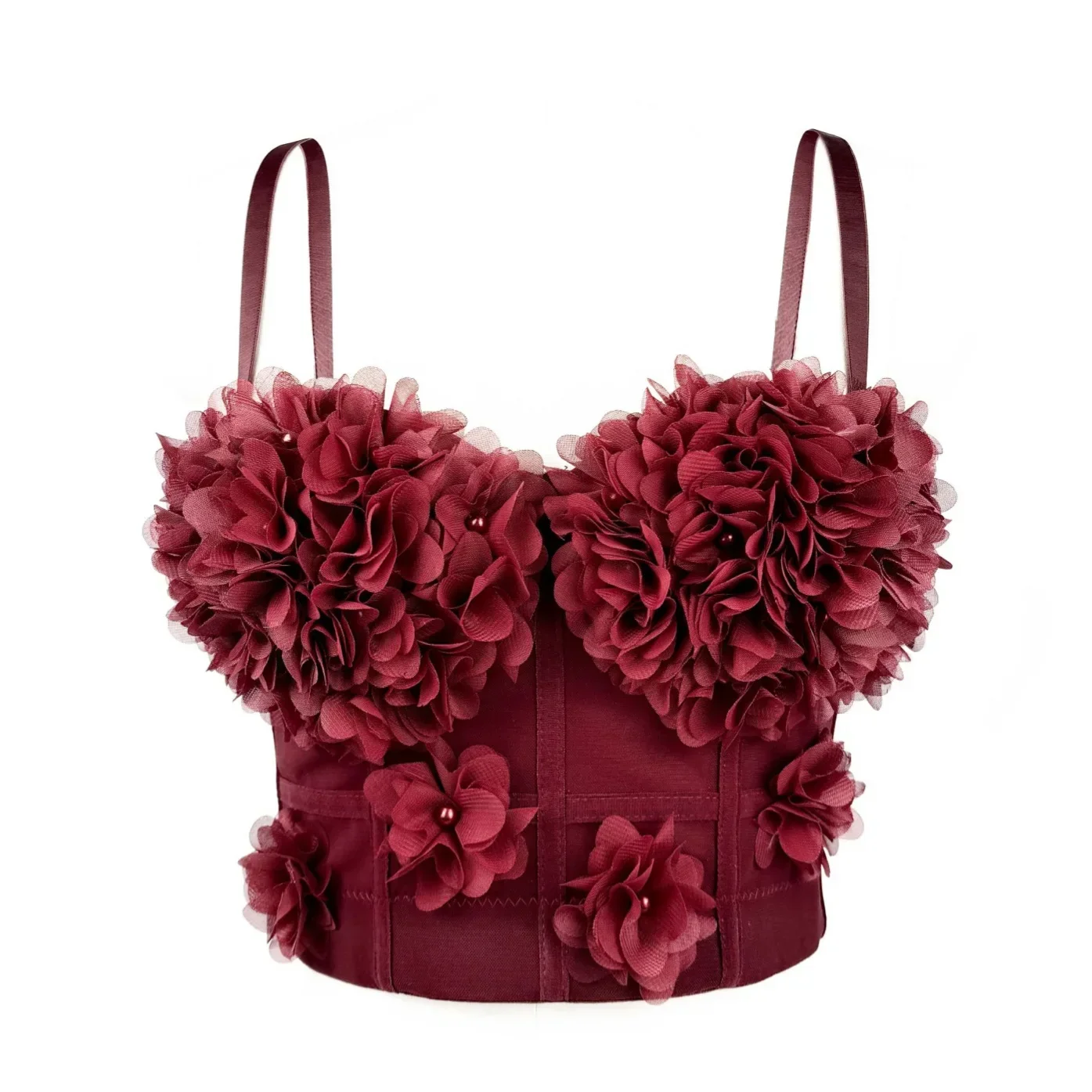 

Sexy Mesh See Through Bra Bralette with Underwire Support 3D Flower Pearl Fishbone Push Up Women Underwear Angora Red Lingerie