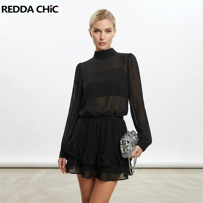 REDDACHiC Bowtie Turtleneck Shirt Camisole Skirt Women Matching Set Office Black Blouse Elactic Waist MIni Skirt Elegant Clothes