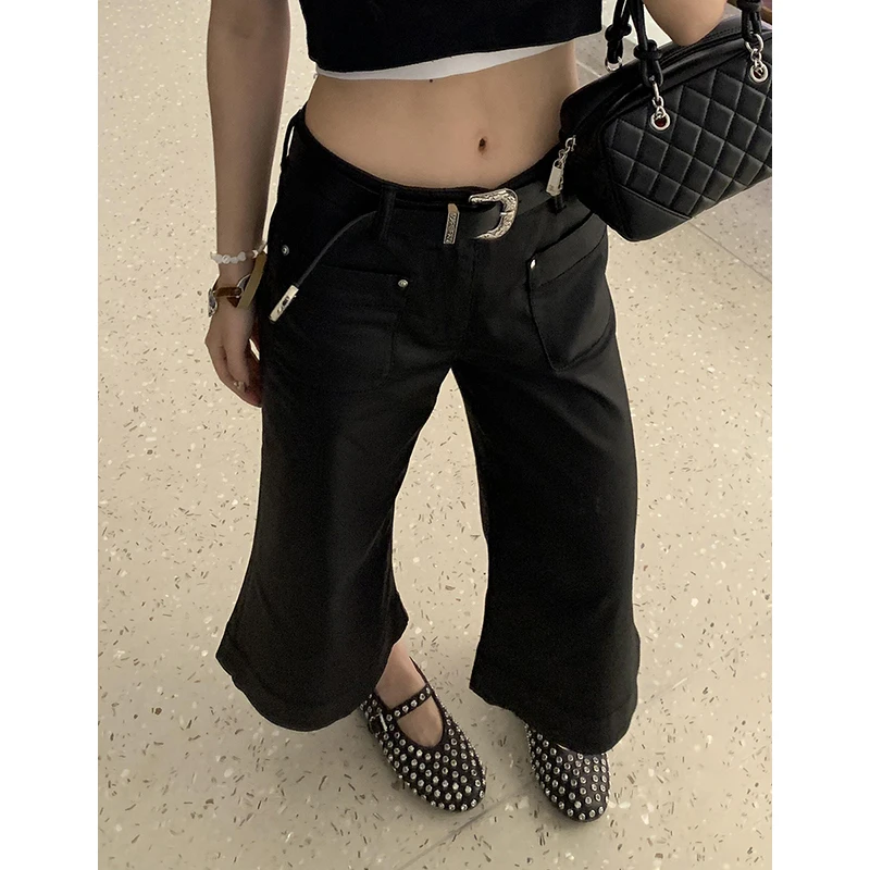 

PBAP летние женские черные джинсовые шорты с низкой посадкой и карманами в стиле пэчворк, мешковатые джерсы с вощением, широкие брюки-клеш, уличная одежда в стиле панк