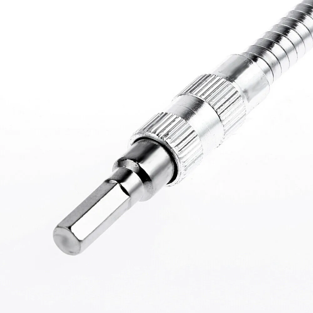 Flexible metal shaft extension with 1/4 inch hex handle for electric drills and screwdrivers for use in small spaces