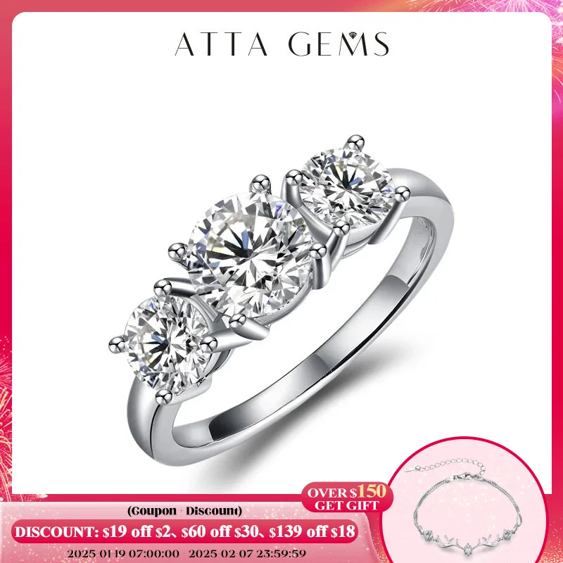 ATTAGEMS 2.0ct D Color Round 18K White Gold Plated 925 Silver Moissanite Ring For Women Diamond Test Passed Woman Girl Gift