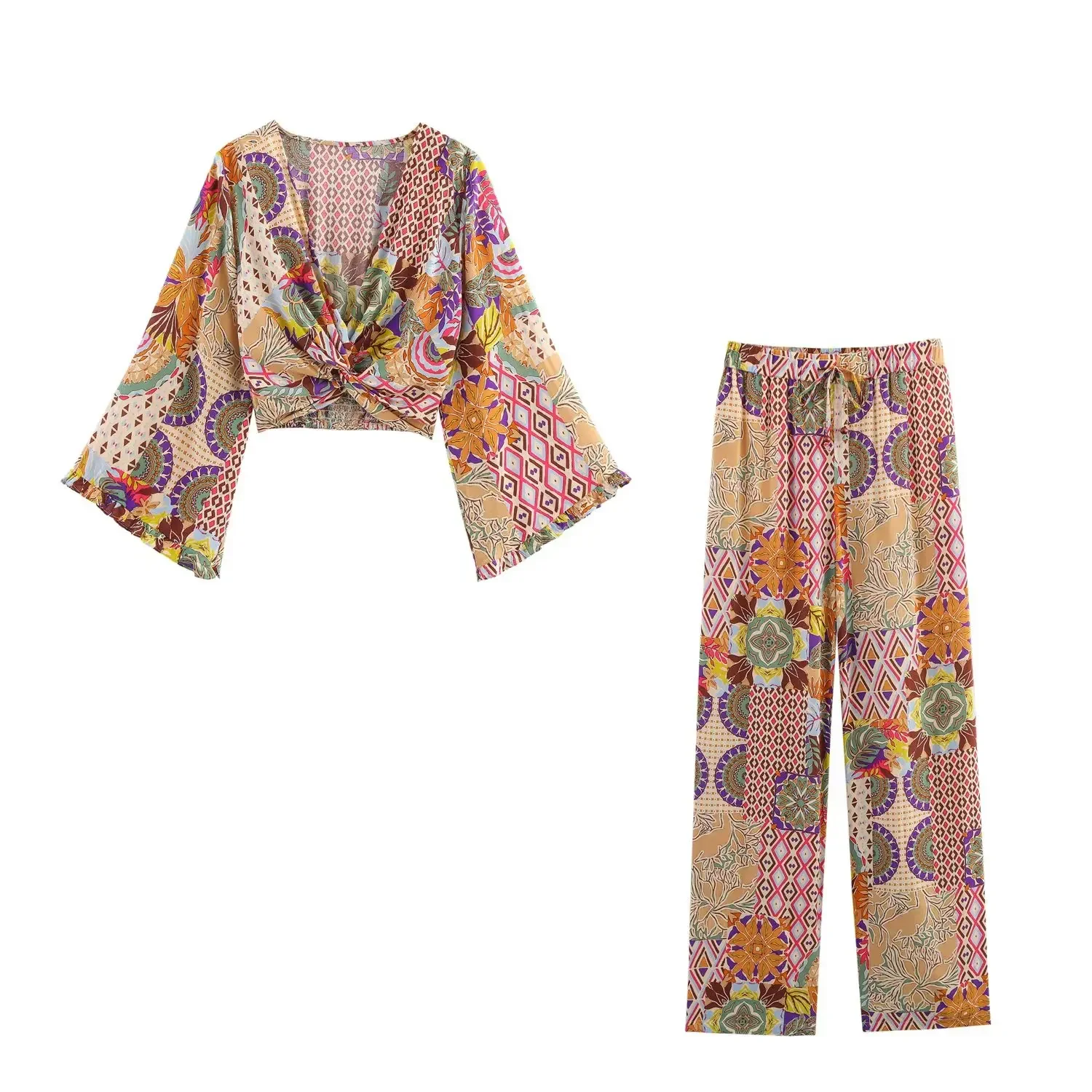 

LIBIELIY Women's Short Knot Printed Shirt Loose High Waist Casual Pants Temperament Summer New Pants