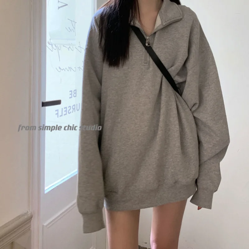 

Grey Hoodie for Women Spring Autumn New Long Sleeve Polo Neck Solid Zipper Patchwork T Shirt Tops Street Casual Trend Clothing