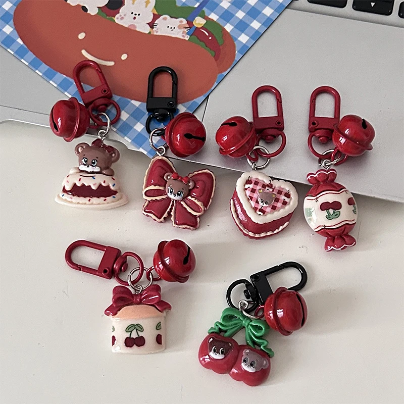 Fashion Little Bear Cake Cherry Bow Keychain Pendant For Women Girls Exquisite Headphone Case Charm Backpack Decoration Gifts