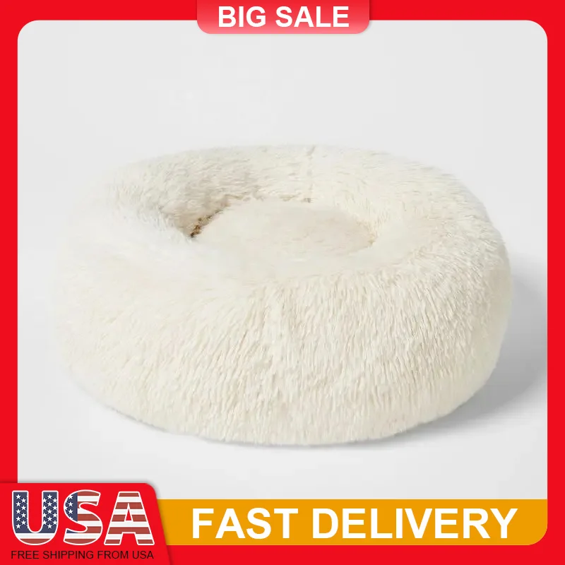 

Cozy Donut Bolster Dog Bed Faux Fur Cover with Recycled Fiber Filling Non-Slip Bottom Orthopedic Support Pet Bed for Dogs Cats