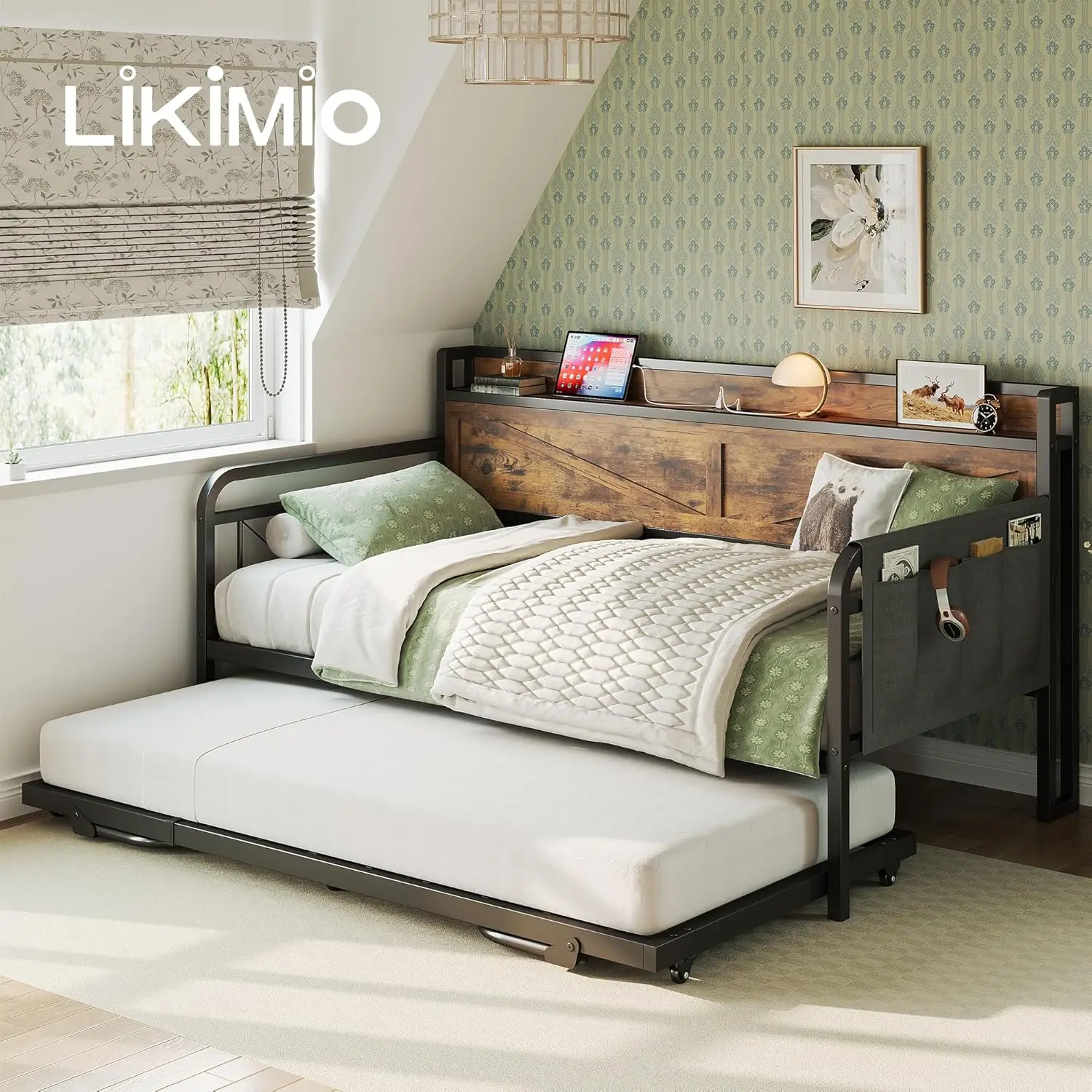 Twin Daybed with Trundle Bed, Storage Headboard with Charging Station, Sofa Day Bed with Strong Supports for Living Room