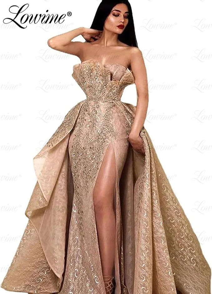 Lowime 2 In 1 Lace Prom Dress Strapless Champagne Arabic Evening Dresses Robe De Soiree Wedding Engagement Gowns Party Dress