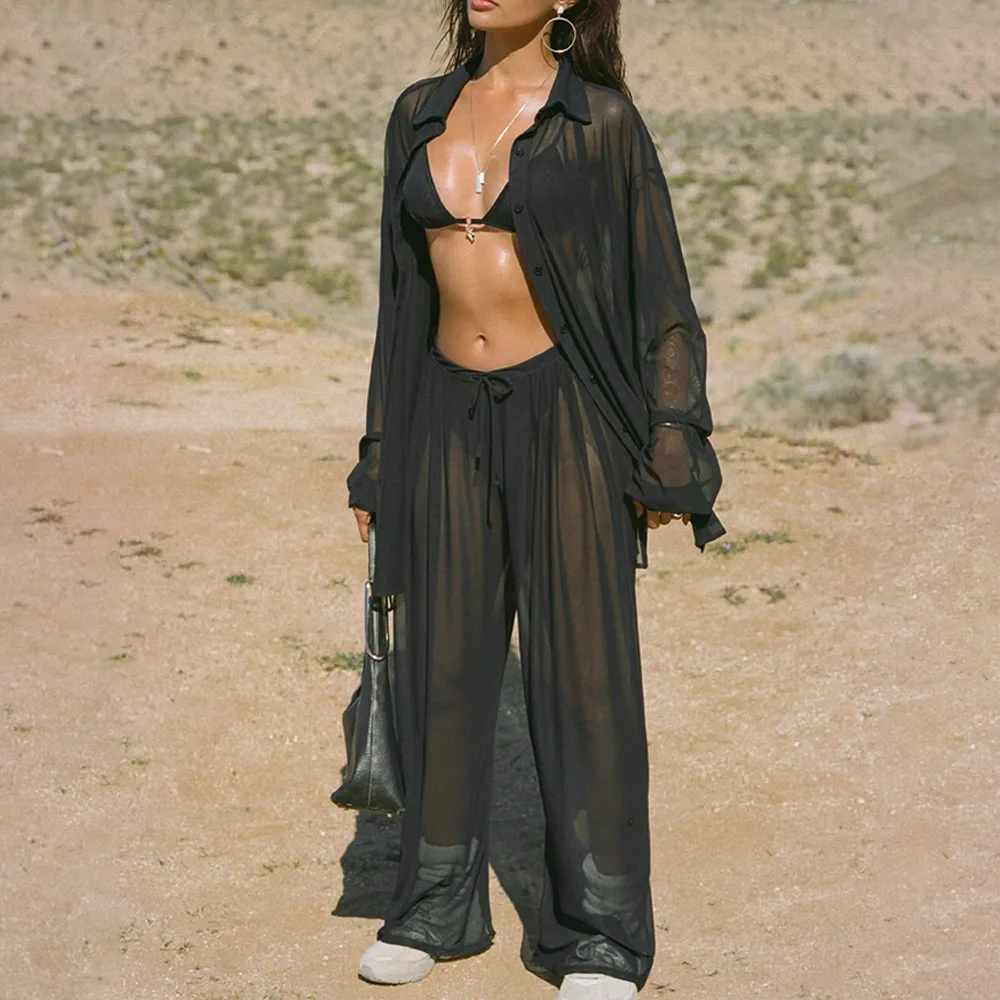 Summer New Style Elegant Women's Straight Hot Girl Waist-Cinching Sheer Sexy Mesh Long Pants