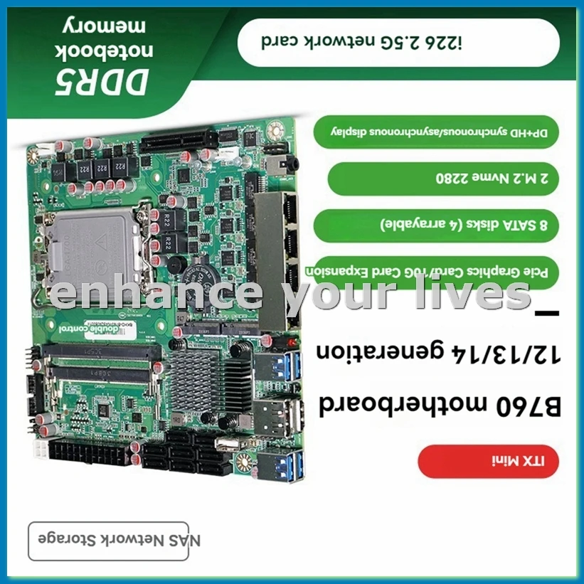 

Mini ITX B760 NAS Motherboard Home Processor LGA1700 CPU 2xDDR5 4xi226 2.5G 2xM.2 NVME 8xSATA Qnas Firewall Server-VVNB